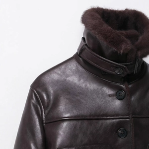 French vintage dark brown faux leather jacket with plush collar and detailed buttons