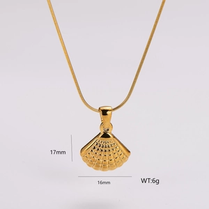 Minimalist gold shell pendant necklace in stainless steel measuring 17mm by 16mm