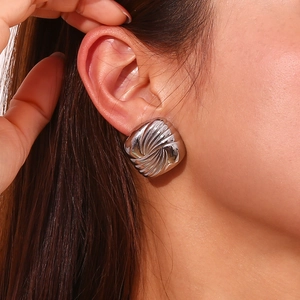 Modern geometric square spiral stud earrings in silver-tone stainless steel