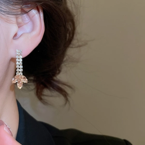 Close-up of model wearing zircon ear studs with champagne stones in wheat tassel design
