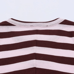 Detailed close-up of the round neckline and stitching on a striped knit sweater