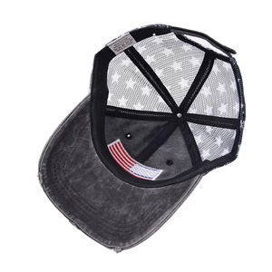 Distressed US flag truck cap with mesh star pattern and adjustable closure for men and women