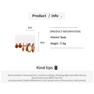 Detailed chart showing resin acrylic earring sizes and weights for a six-piece set