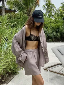 Linen long sleeve shirt and shorts set in brown grey for casual vacation summer wear