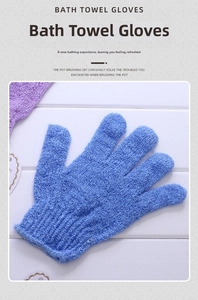 Close-up of blue exfoliating bath towel glove with elastic wrist on white wood surface