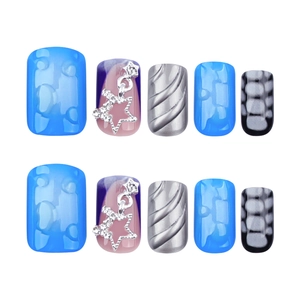 3D ocean blue press-on nails with wave texture, star charms and silver metallic details