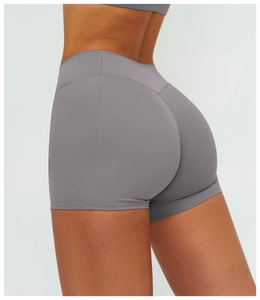 Close-up of high-waist yoga shorts in graphite grey with scrunched butt-lifting detail