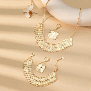 Dubai 24K Gold Plated Coin Jewelry Set For Women Ethnic Copper Necklace Bracelet Earrings Wedding Banquet Party Accessories