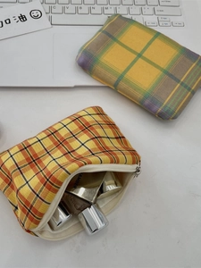Pochettes à carreaux portables en motifs jaune, violet et orange avec fermeture éclair