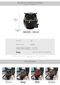 Detail view of owl shaped box bag with feather embossing and dimension specifications