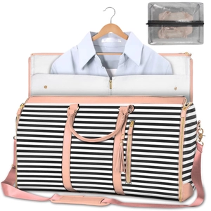 Detail view of foldable garment bag interior with white lining and matching mesh pouch