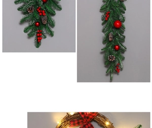Detailed Christmas wreath showing pine needles, red berries, cones and LED lights