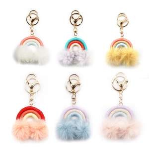 Rainbow fluffy pom pom keychains in bohemian style with gold alloy clasp, six vibrant colors