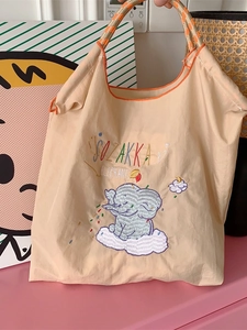 Elephant Embroidery Tote Bag Oxford Cloth Large Capacity Shoulder Handbag Woven Rope Handle Japanese Style Casual Bag