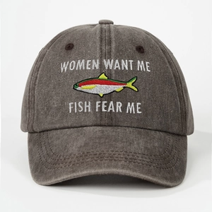 Vintage washed baseball cap with Women Want Me Fish Fear Me embroidery and fish graphic