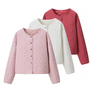 Women Round Neck Quilted Jacket Casual Long Sleeve Padded Coat Metal Snap Buttons Floral Quilting Pattern Outerwear