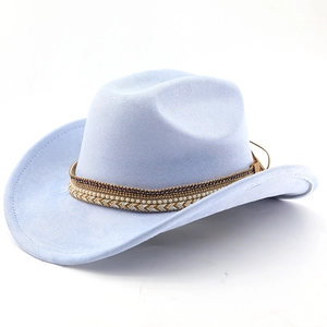 Detail view of baby blue suede western cowboy hat with decorative ethnic braided band