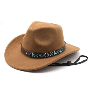Chapeau de cowboy western classique en feutre kaki avec bandeau perlé et cordon réglable
