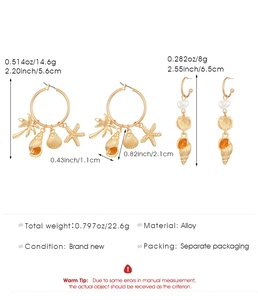 Detailed size and weight specs for vintage ocean-themed starfish and seashell earrings