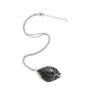 Natural Labradorite leaf pendant necklace with silver wire-wrapped tree of life design