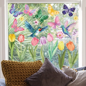 Spring window clings with colorful butterflies hummingbirds and tulip flowers for home decor