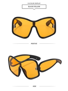 Detailed front and side views of Y2K oversized sunglasses with black frames and yellow lenses