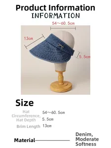 Detail of blue denim sun visor with metal accents and adjustable 13cm wide brim