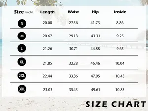 Men's athletic shorts size chart in inches showing length, waist, hip, and inside measurements