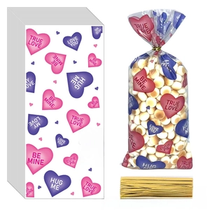Detailed set of clear Valentine's cellophane bags with heart prints and gold twist ties
