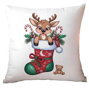 Square watercolor Christmas pillowcase featuring cartoon reindeer, bear and candy cane