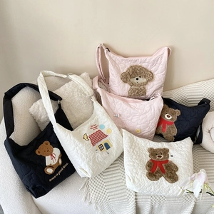 Women Quilted Tote Bag Japanese Style Cartoon Bear Puppy Embroidered Large Capacity Adjustable Shoulder Crossbody Bag