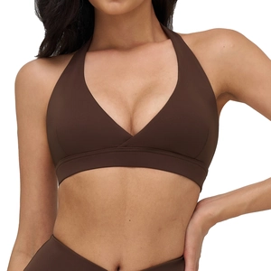 Reggiseno sportivo marrone scuro con scollo a V incrociato e ampia fascia di supporto