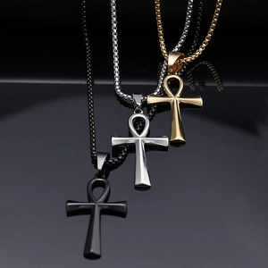 Polished stainless steel Egyptian Ankh cross necklaces in gold, silver, and black finishes