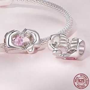 S925 sterling silver snake chain bracelet with pink heart charm and hand gesture charm
