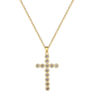 Elegant gold titanium steel cross necklace with sparkling clear crystals for women