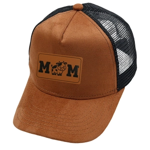 Brown and black mesh trucker hat with MOM text and cow pattern on suede-like fabric