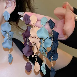 Matte Acrylic Petal Long Tassel Dangle Earrings With 925 Sterling Silver Earring Post Elegant Forest Style For Women