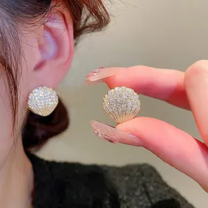 Shell Scallop Hoop Earrings Copper Gold Plated With Cubic Zirconia And Silver Earring Post Elegant Jewelry For Women