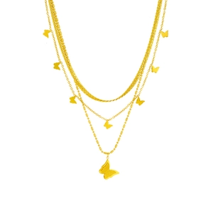 Three-layer titanium steel gold necklace with sandblasted butterfly pendant and twisted chain