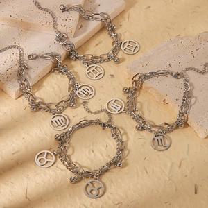 Double-layered stainless steel zodiac bracelets with silver charms on stone decor