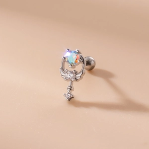 Macro detail of silver key-shaped earring with opal stone and screw ball closure
