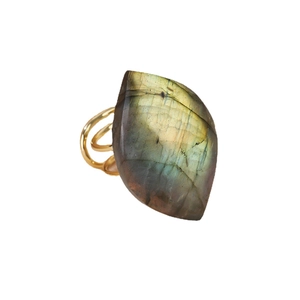 Adjustable golden multi-layered ring featuring a natural iridescent labradorite stone