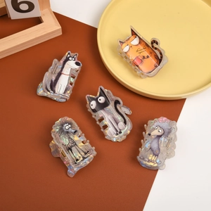 Set of 5 cartoon animal hair claws in iridescent acrylic with colorful husky and cat designs