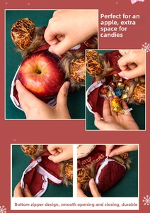 Close-up of reindeer Christmas gift bag with bottom zipper holding an apple and candies