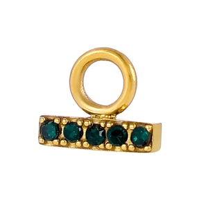 Gold pendant charm with five green round faceted gemstones on a white background