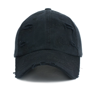 Distressed black cotton baseball cap with Nefarious embroidery and ripped detail