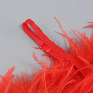 Close-up of bright red feather trim and elastic webbing detail on an off-shoulder dress