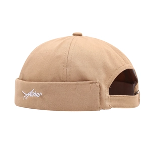 Retro khaki brimless dockers cap with white embroidery and adjustable back strap