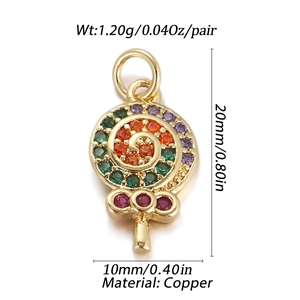 Detail showing 20mm gold-plated copper lollipop pendant with colorful zircon stones