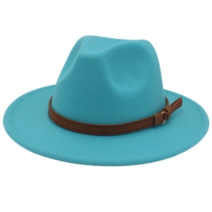 Classic bright blue wool fedora hat with wide brim and brown leather belt trim